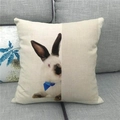 Close-up of linen pillow cover featuring a cute white rabbit with blue bow tie on a sofa - 45x45cm / Peek-a-boo White Rabbit with Blue Bow Tie