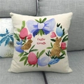 Detail of Easter wreath linen pillow cover featuring watercolor eggs and bunny on a sofa - 45x45cm / Watercolor Wreath Silhouette (10)