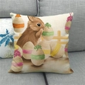 Linen Easter throw pillow case featuring realistic rabbit and colorful eggs on a sofa - Bunny Eggs Wooden Fence Style (13)