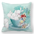 Easter rabbit and floral teacup print pillowcase in soft peach skin fabric - 18x18 Inch / Warm Illustration of Rabbits in Cup on Light Cyan (30)