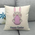 Detailed close-up of linen Easter pillow cover with rabbit and Happy Easter text - Cartoon Bunny Holding Egg Happy Easter Style (14)