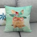 Linen Easter pillowcase with watercolor rabbit and Hello Spring text on a grey sofa - Top Hat Glasses Hello Spring Style (16)