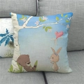 Detailed texture of linen throw pillow cover with Easter bunny and bear cartoon prints - 45x45cm