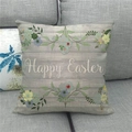 Close-up of linen Happy Easter pillowcase with floral patterns on a gray sofa - 18x18 Inch / Vintage Wood Grain Floral Style (5)