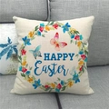 Detailed texture of linen Easter pillowcase featuring Happy Easter print and floral wreath - 18x18 Inch / Blue Text Wreath Style (7)