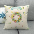 Close-up of Happy Easter linen pillowcase with colorful egg patterns on a gray sofa - 18x18 Inch / Egg Wreath Ribbon Style (10)