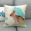 Close-up of Easter linen pillowcase with realistic brown rabbit and blue watercolor art - Earth Silhouette Rabbit (18)