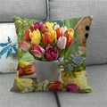 Detailed texture of linen cushion cover featuring realistic tulip flowers and ceramic pot - 18x18 Inch / Jar Realistic Tulip Style (14)