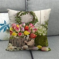 Detail of Easter linen pillowcase with tulip garden and wooden basket print on grey sofa - 18x18 Inch / Basket Egg Decoration Style (16)