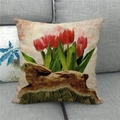 Linen pillowcase with rustic rabbit and red tulip floral print on a grey fabric sofa - 18x18 Inch / Hare Red Tulip Style (17)