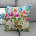 Detailed view of linen Easter pillow cover with rabbit and floral garden print on grey sofa - 18x18 Inch / White Rabbit Carrot Rural Style (18)
