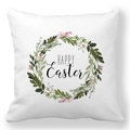 Quadratischer Kissenbezug mit Happy Easter Blumenkranz auf weißem Hintergrund - 45x45cm / Grüner Blattkranz Happy Easter (24)