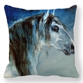 Détail d'un portrait de cheval à l'aquarelle sur une taie d'oreiller carrée aux tons bleus - Motif de Portrait de Cheval Élégant et Stable (10)