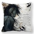 Housse de coussin en peau de pêche avec motif d'aquarelle de cheval noir et texte poétique - Motif de Profil de Cheval Noir avec Poème Anglais (18)
