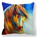 Housse de coussin artistique avec peinture à l'huile de tête de cheval aquarelle - Motif de Tête de Cheval au Pinceau Riche (21)