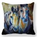 Détail du motif artistique de peinture à l'huile de chevaux sur la taie d'oreiller douce - Motif de Chevaux Côte à Côte à Texture Rugueuse (24)