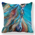Housse de coussin moderne avec peinture aquarelle de cheval coloré sur un fond blanc pur - Motif de Tête de Cheval Coloré Dynamique au Galop (25)