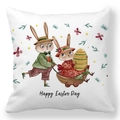 White Happy Easter pillow cover featuring watercolor bunny couple pushing an egg cart - 18x18 Inch / Anthropomorphic Bunny Couple (30)