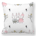 Detailed view of square peach skin pillowcase featuring hand-drawn Easter bunnies and flowers - 45x45cm / Holding Hands Bunnies (9)
