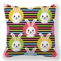 Detailed view of square pillowcase with colorful stripes and cartoon bunny prints - 45x45cm / Colorful Horizontal Stripes Bunny (10)