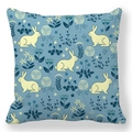 Detail of navy blue pillowcase with yellow rabbit pattern and floral botanical illustrations - 45x45cm / Dark Blue Nordic Style Bunny (11)