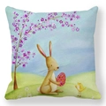 Detail of soft peach skin pillowcase featuring watercolor Easter bunny and chick print - 18x18 Inch / Pattern 6 (Long-eared Rabbit with Egg)