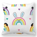 Detail of soft peach skin cushion cover featuring cute Easter bunny and rainbow patterns - 18x18 Inch / Rainbow Bunny Heart (8)