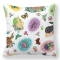 Detailed close-up of Easter cushion cover with bunny, floral and egg illustrations - 18x18 Inch / Yellow Black Bunny Butterfly (9)