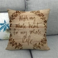 Close-up of linen cushion with wood grain print and romantic English quote - Faux Wood Grain Calligraphy Style (1) / 45x45cm