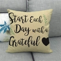 Close-up of linen pillow cover with grateful quote and green leaf prints on sofa - Beige Green Leaf Heart English Style (3) / 45x45cm