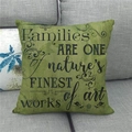 Close-up of vintage green linen cushion cover with nature's finest art quote - Vintage Green Family Motto Style (4) / 45x45cm