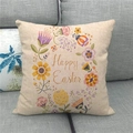 Linen Easter pillow cover with floral wreath and Happy Easter text on a grey sofa - 18x18 Inch / Colorful Wreath Design Style (20)