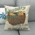 Close-up of a linen pillowcase featuring a vintage Laundry Room illustration and typography - Cyan Brown Laundry Room Illustration Style (8) / 45x45cm