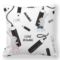 Detailed view of white throw pillow case with hand-drawn rabbit and drawing tools - 45x45cm / Black Line Hand-drawn Bunny (20)