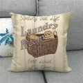 Detailed texture of vintage linen pillowcase with laundry themed typography on a sofa - American Vintage Laundry Room Wicker Basket Style (9) / 45x45cm