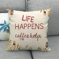 Vintage floral wreath linen pillowcase with 'Life Happens' text on grey sofa - Beige Floral Botanical Coffee Quote Style (11) / 45x45cm