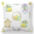 Detail of Easter pillowcase with watercolor eggs, tulips, and rabbit ears on white fabric - 18x18 Inch / Easter Basket (18)