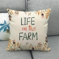 Close-up of linen pillow cover with floral wreath and 'Life on the Farm' text on sofa - Farm Life Pastoral Floral Style (13) / 45x45cm