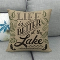 Detail of linen pillow cover texture with LIFE is BETTER at the Lake text and leaf print - Lake Life American Country Style (15) / 45x45cm