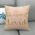 Detail of pink linen pillowcase with gold geometric patterns and inspirational quote text - Light Pink Gold Foil Geometric Inspirational Style (14) / 45x45cm