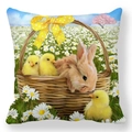 Detail of Easter pillowcase featuring bunny, chicks, and daisies on peach skin fabric - 18x18 Inch / Pattern 23 (Wicker Basket Bunny and Chicks)