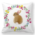 Detail of bunny and floral wreath print on peach skin square decorative pillowcase - 18x18 Inch / Pattern 25 (Brown Rabbit Back View Wreath)