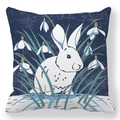 Detailed close-up of a realistic white rabbit illustration on a blue decorative pillowcase - 18x18 Inch / Pattern 27 (Dark Blue Base White Rabbit)