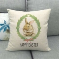 Dettaglio fodera cuscino pasquale in lino con coniglio, ghirlanda e scritta Happy Easter - Collezione Coniglio Marrone Ghirlanda (2)