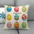 Detail of linen Easter pillow cover featuring colorful eggs and Happy Easter text - 18x18 Inch / Nine Patterned Eggs With Greetings (3)