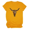 Close-up of bohemian floral bull skull print on ginger yellow cotton crewneck t-shirt - S / Mustard Yellow