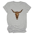 Detail of grey crew neck t-shirt featuring bohemian floral bull skull graphic print - S / Light Gray