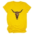 Detail of yellow round neck T-shirt featuring a western longhorn skull and floral print - Yellow