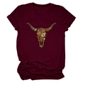 Detail showing the sunflower floral bull skull print on a burgundy short sleeve T-shirt - Burgundy