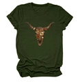 Detail of bohemian bull skull and floral print on dark green short sleeve T-shirt - Army Green